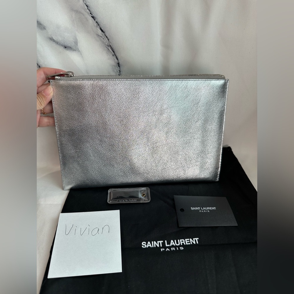 authentic YSL Saint Laurent iPad mini Rider zip Pouch with star patches NWT - Picture 4 of 12